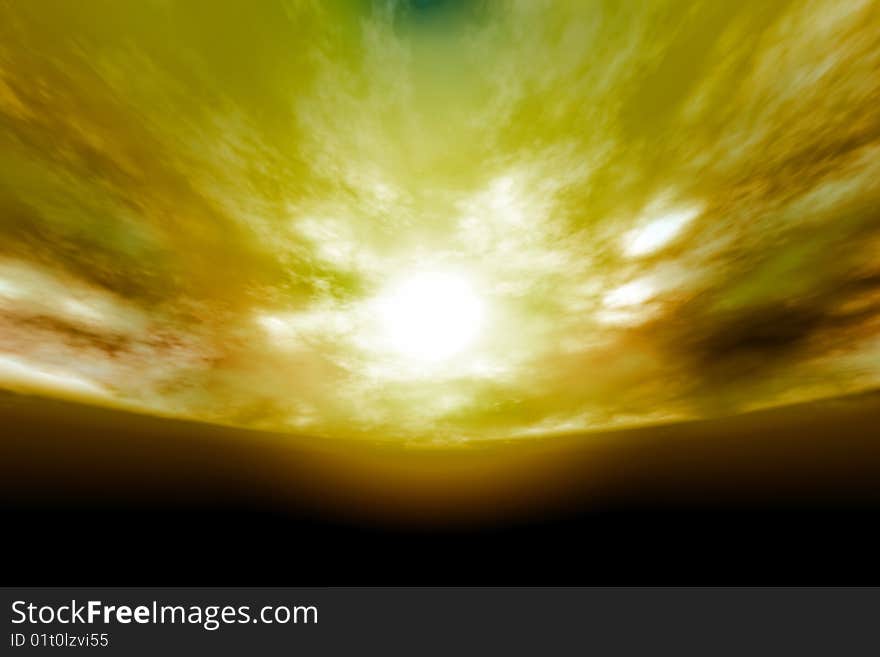 CG image of orange-brown sky with sun setting. CG image of orange-brown sky with sun setting