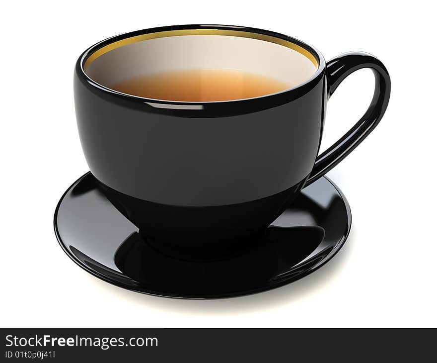 Black cup with tea isolated on white background