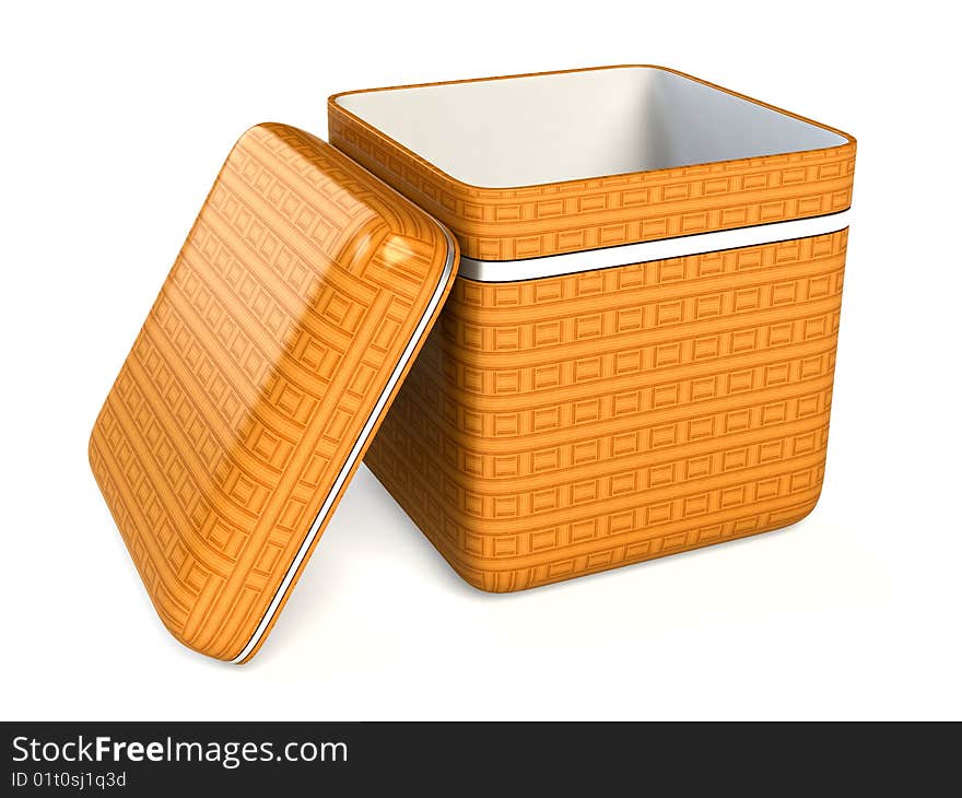 Open wooden box with a chrome strip isolated on white background