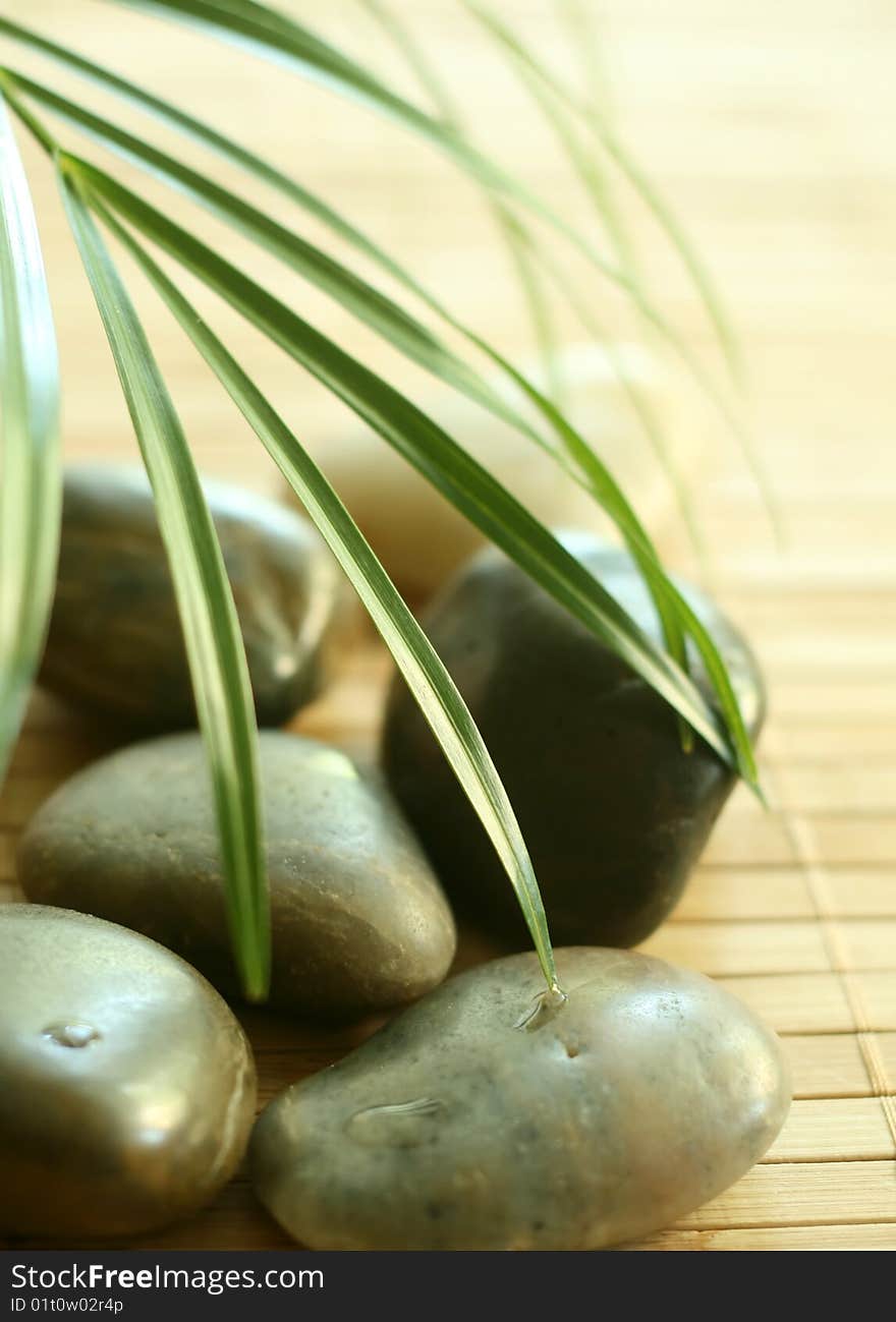 Stones and green leaves on bamboo background. Stones and green leaves on bamboo background.