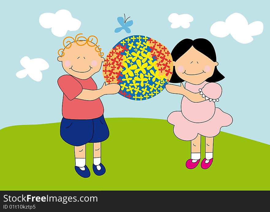 Little girl and boy holding the earth,they are staying in the green glad over blue sky background. Little girl and boy holding the earth,they are staying in the green glad over blue sky background