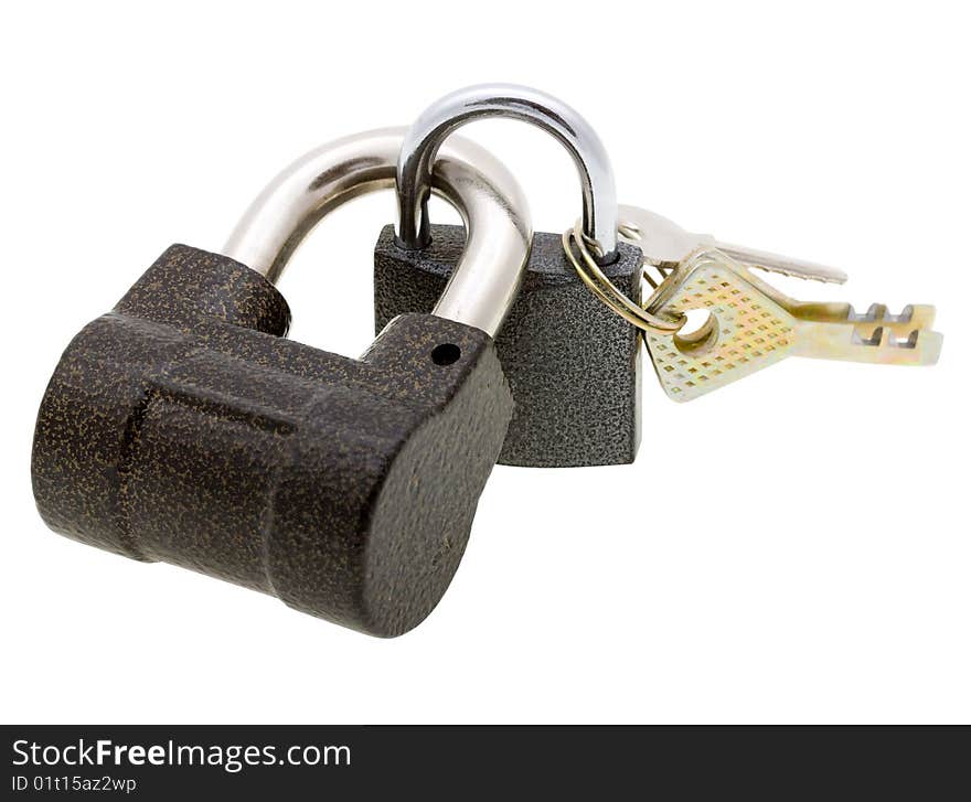 Two padlocks and keys isolated on white