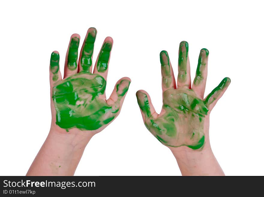 A horizontal image of a child's hands covered with green paint on white. A horizontal image of a child's hands covered with green paint on white