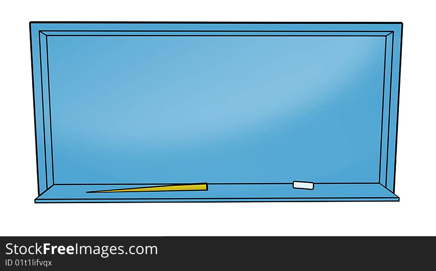 Illustration of a blackboard of light blue color with pointer and chalk.