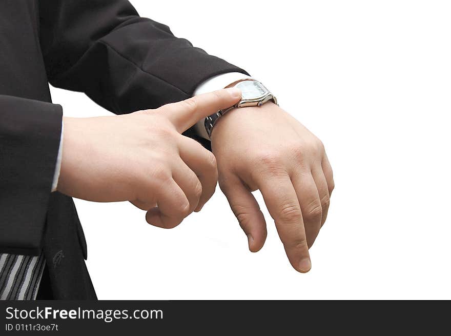 Businessman look his watch with handbag isolated on white