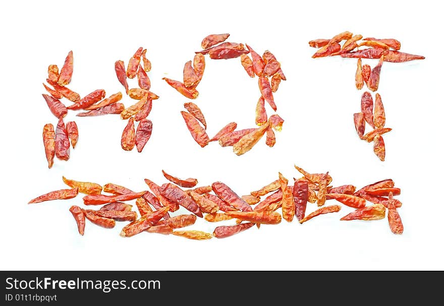 The word hot spelled with Dry red chili peppers. The word hot spelled with Dry red chili peppers