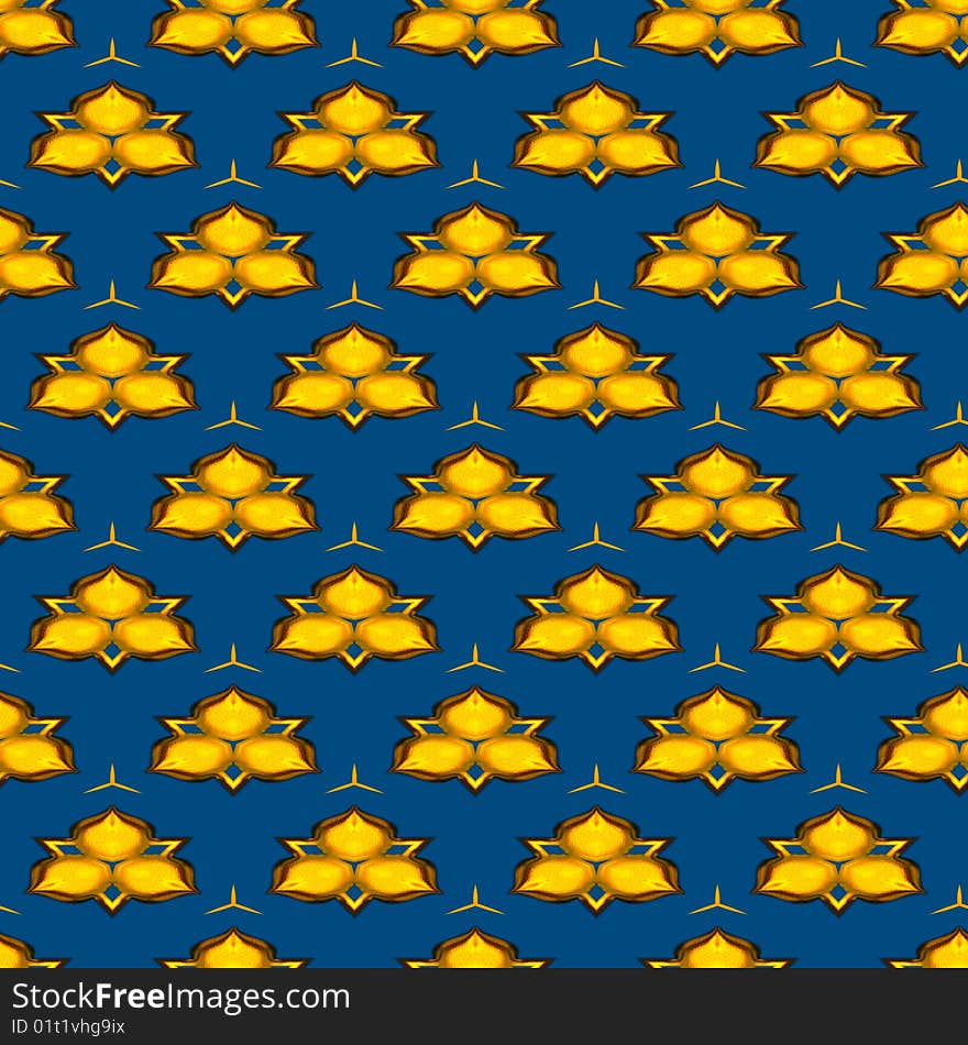 Seamless tiling pattern of shiny gold triangular objects on a dark blue background. Seamless tiling pattern of shiny gold triangular objects on a dark blue background