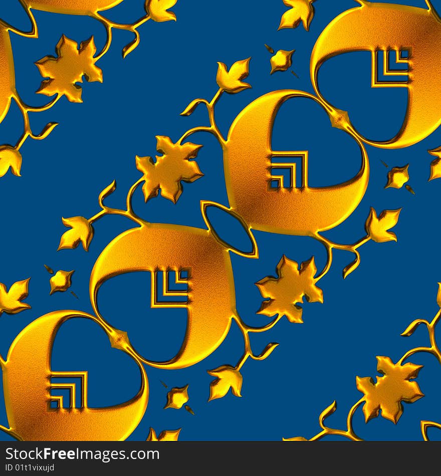 Seamless tiling pattern of shiny gold objects diagonally on a dark blue background. Seamless tiling pattern of shiny gold objects diagonally on a dark blue background