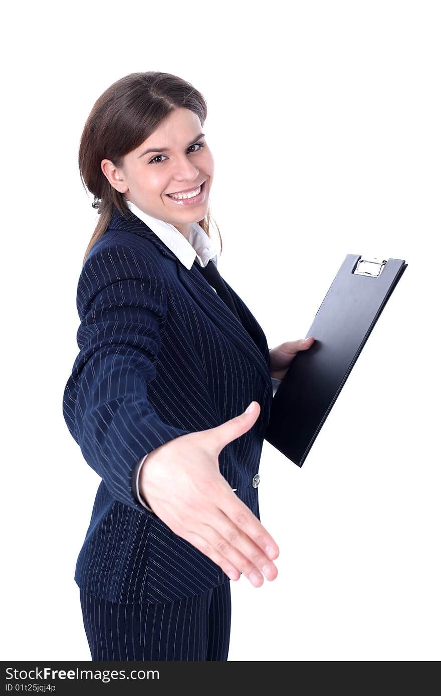 Friendly businesswoman isolated on white