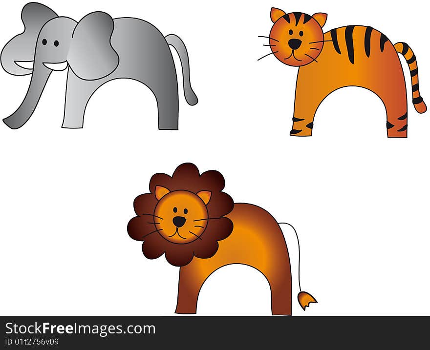 Animals illustration with elephant tiger lion