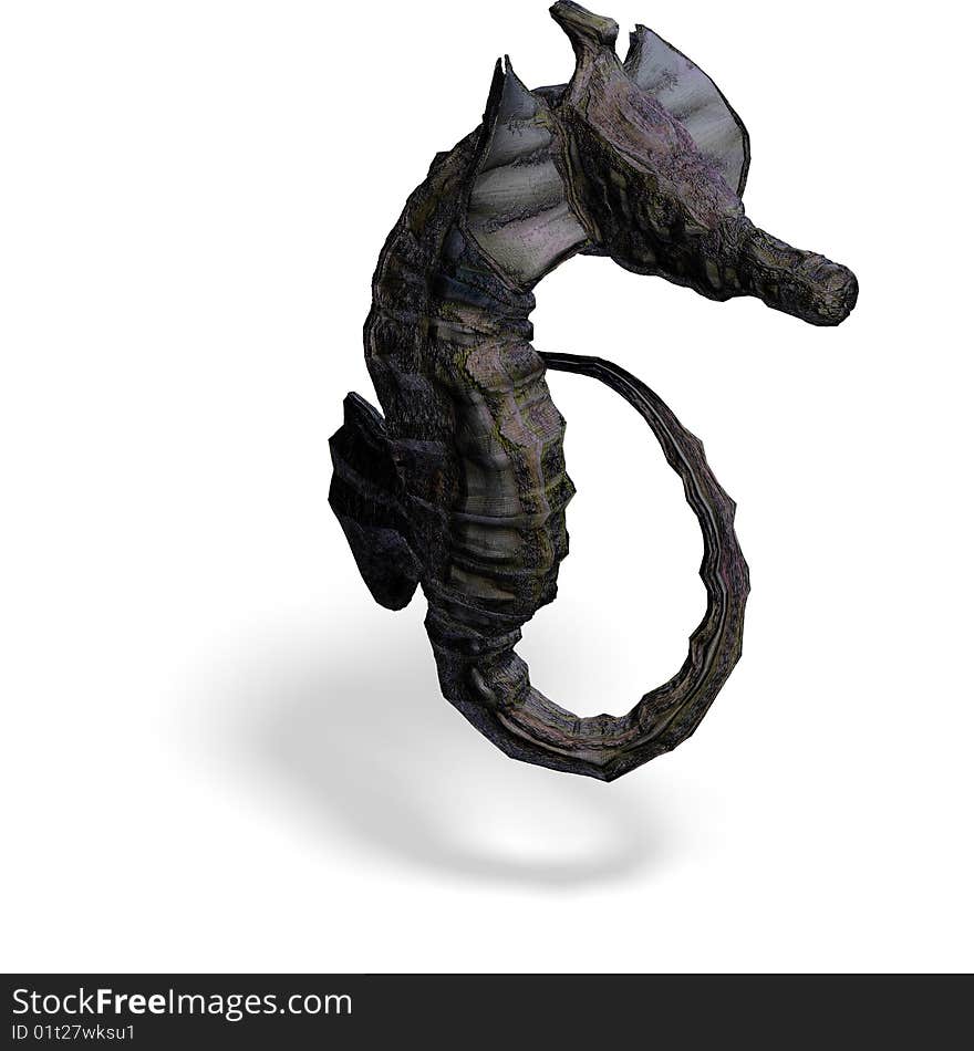 Sea horse or hippocampus. 3D render with clipping path and shadow over white. Sea horse or hippocampus. 3D render with clipping path and shadow over white