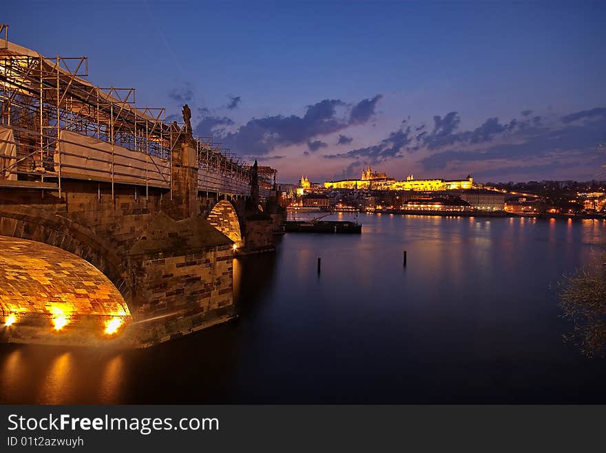 Famous historical landmark in Prague illumintaed at night. Famous historical landmark in Prague illumintaed at night