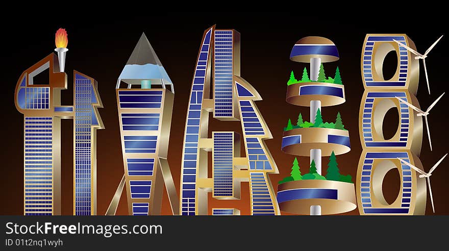 Futuristic city skyline with energy efficient modern buildings. Futuristic city skyline with energy efficient modern buildings