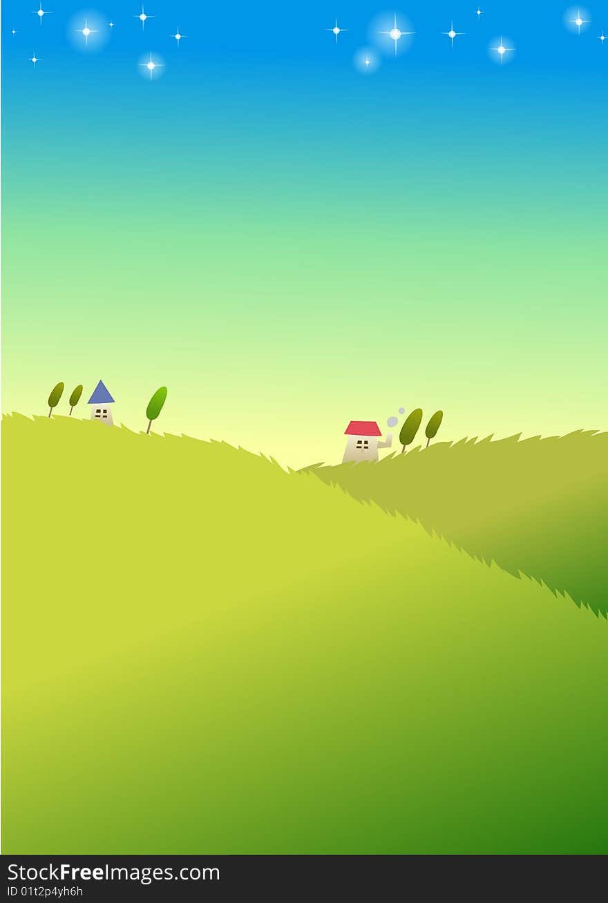 Green lawn with red house under blue sky,stars cover sky. Green lawn with red house under blue sky,stars cover sky