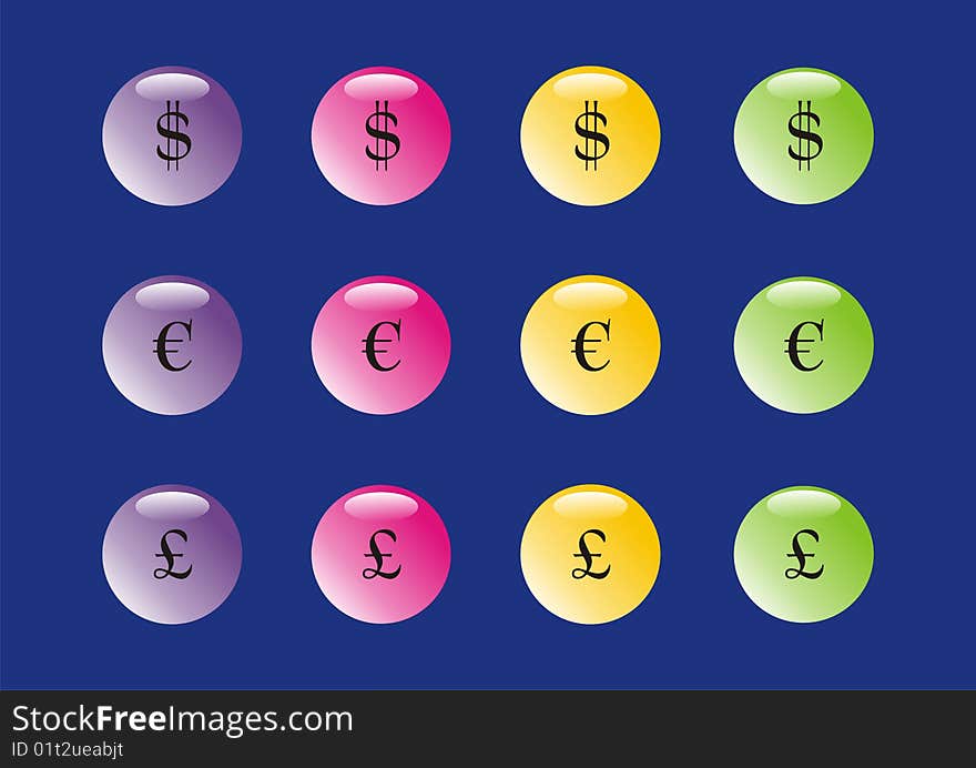 Set of purple, pink, yellow and green money buttons. Set of purple, pink, yellow and green money buttons