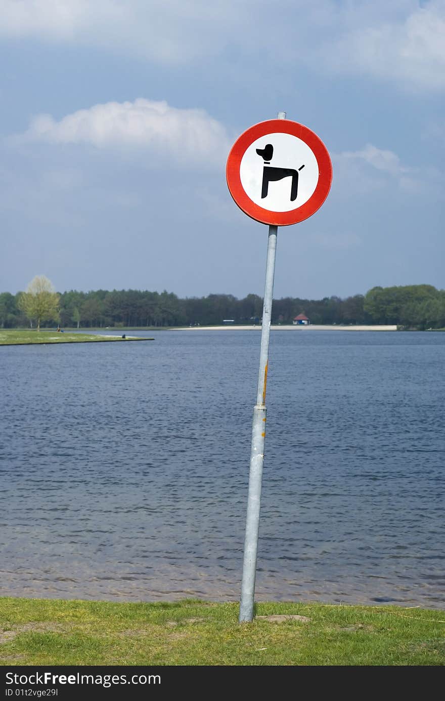 No dogs allowed traffic sign in front of a lake. No dogs allowed traffic sign in front of a lake.