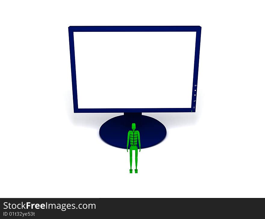 Made in 3d, blue monitor with human on white background. Made in 3d, blue monitor with human on white background