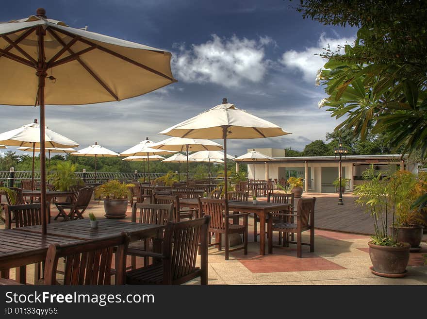 Patio of a hotel resort in a sunny day. Patio of a hotel resort in a sunny day