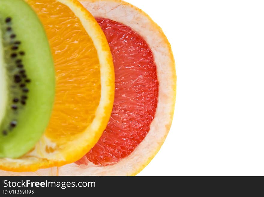 Fresh grapefruit, orange and kiwi isolated on white background. Fresh grapefruit, orange and kiwi isolated on white background