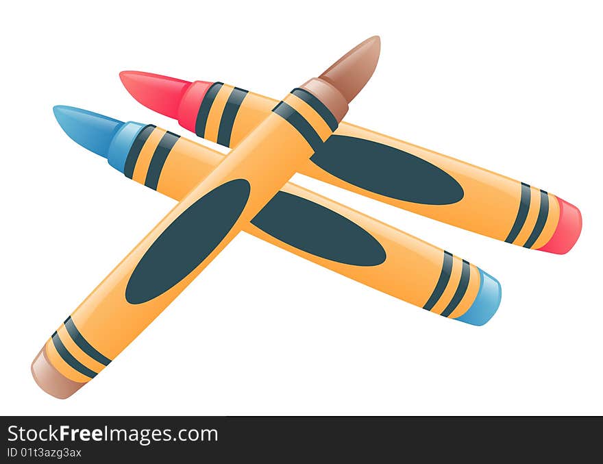 Three color crayons on a white background