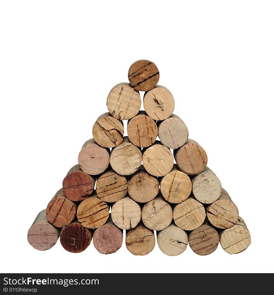 Pyramid from corks on white background