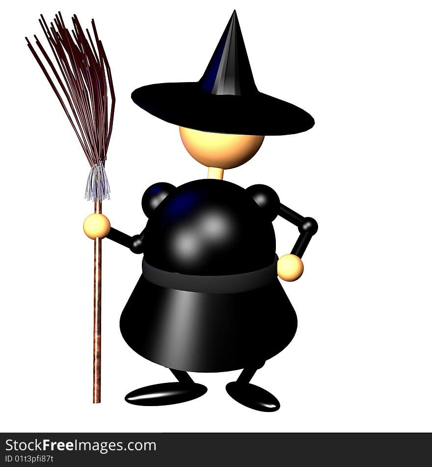 Witch figurine clipart, computer generated 3D icon of witch holding broom. Witch figurine clipart, computer generated 3D icon of witch holding broom