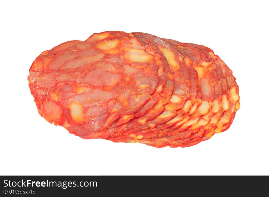 Sliced salami on a white background