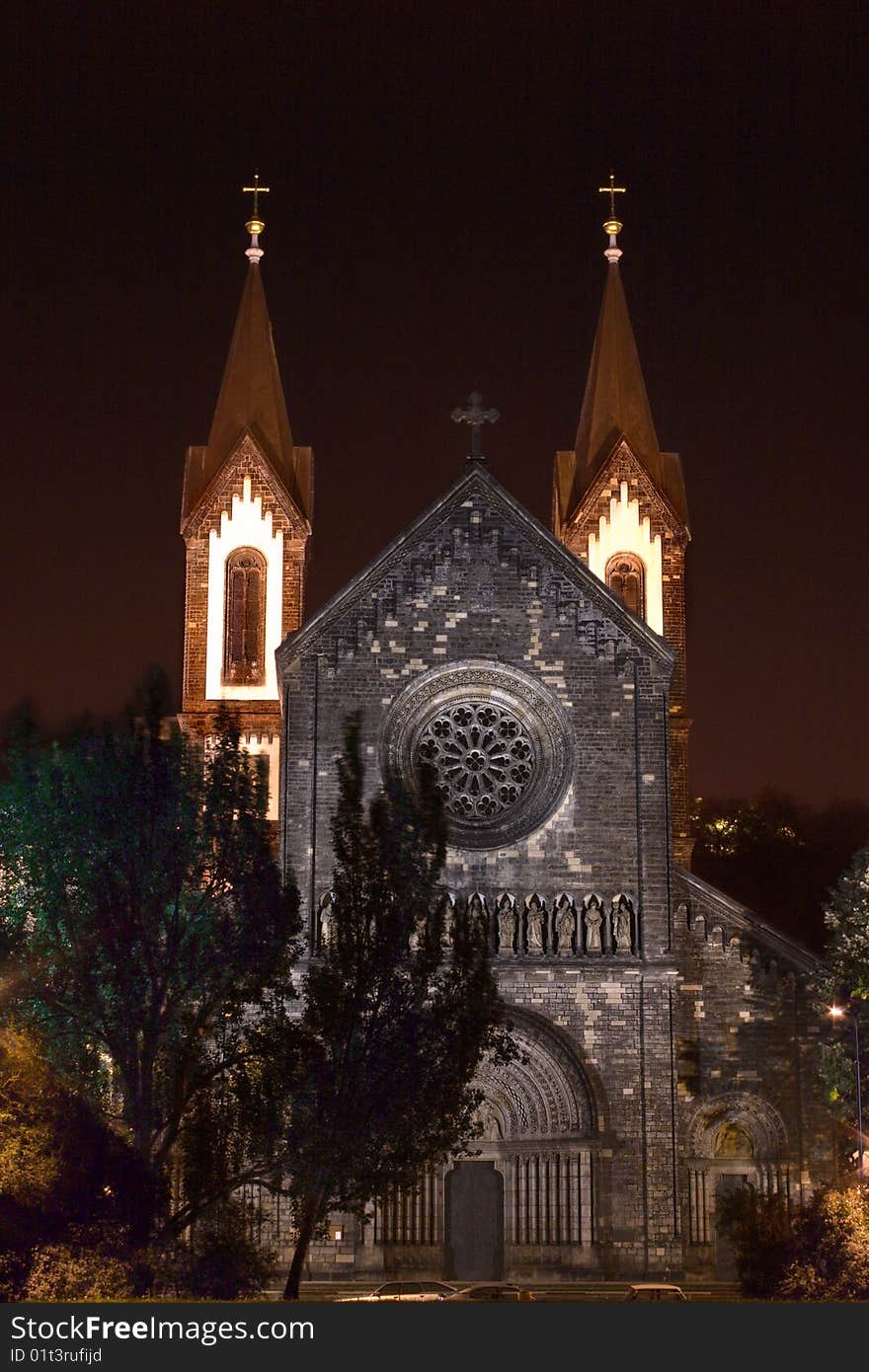 The night view of the Prague church. The night view of the Prague church