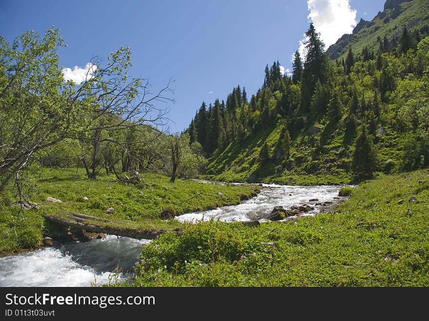 Crossing on mountain small river. Crossing on mountain small river