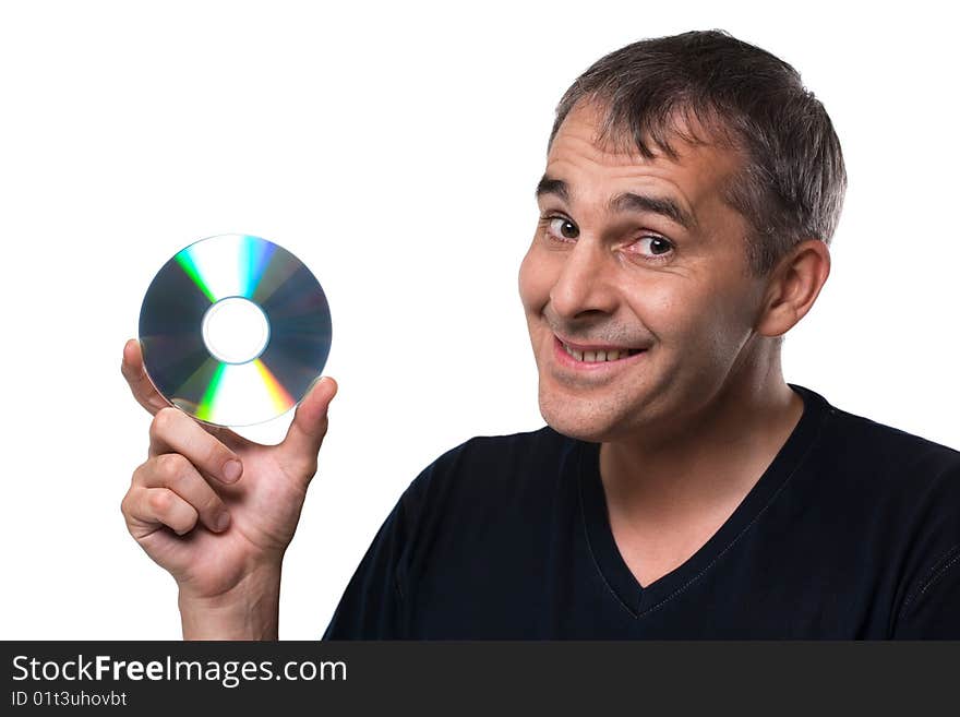 A photo of man with CD on white background