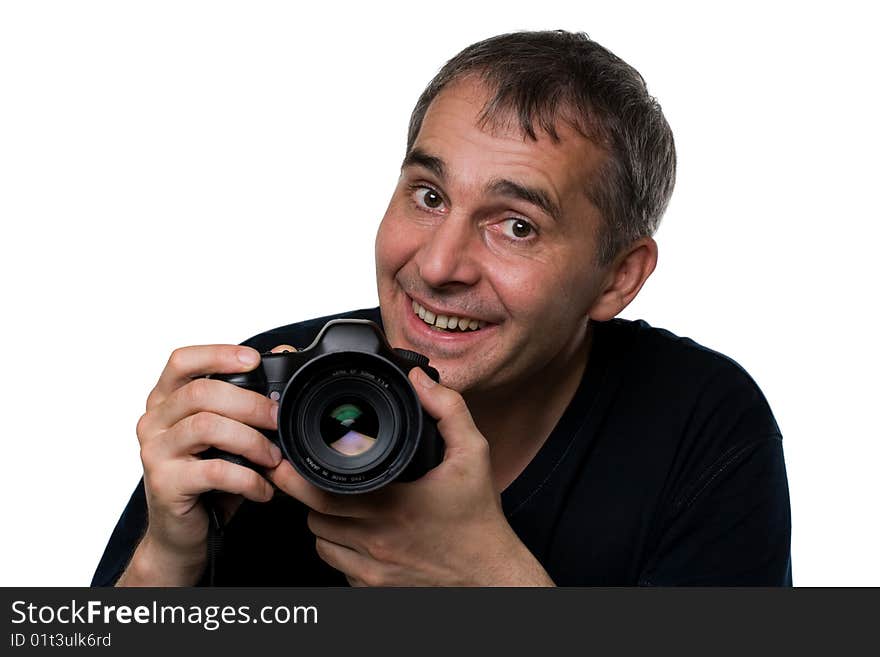 A man with a camera on white background. A man with a camera on white background