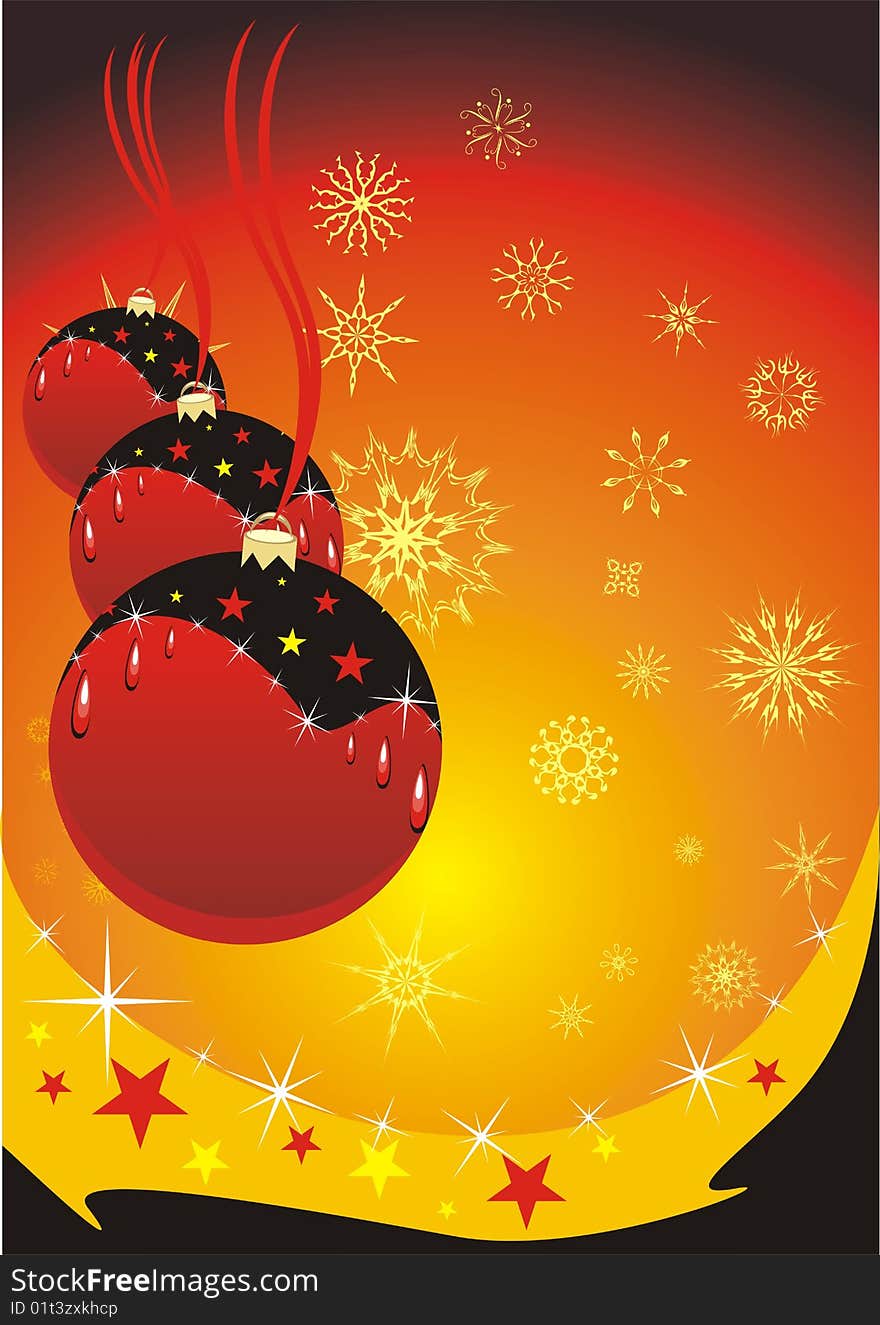 Snowflakes and three Christmas balls. Background for card. Vector illustration