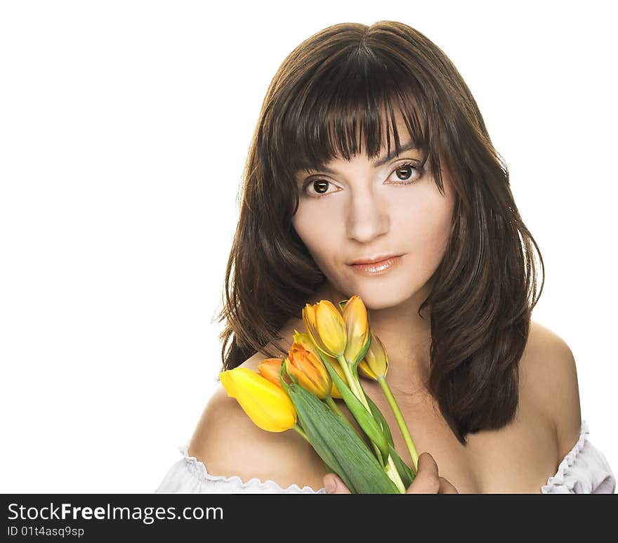 Woman with yellow tulips