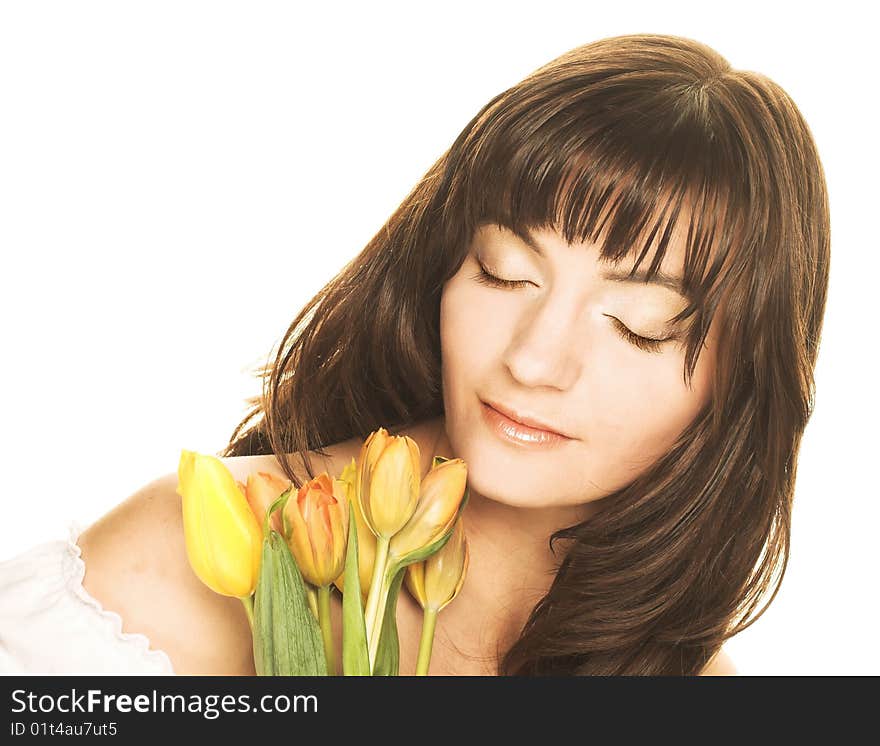 Woman with yellow tulips