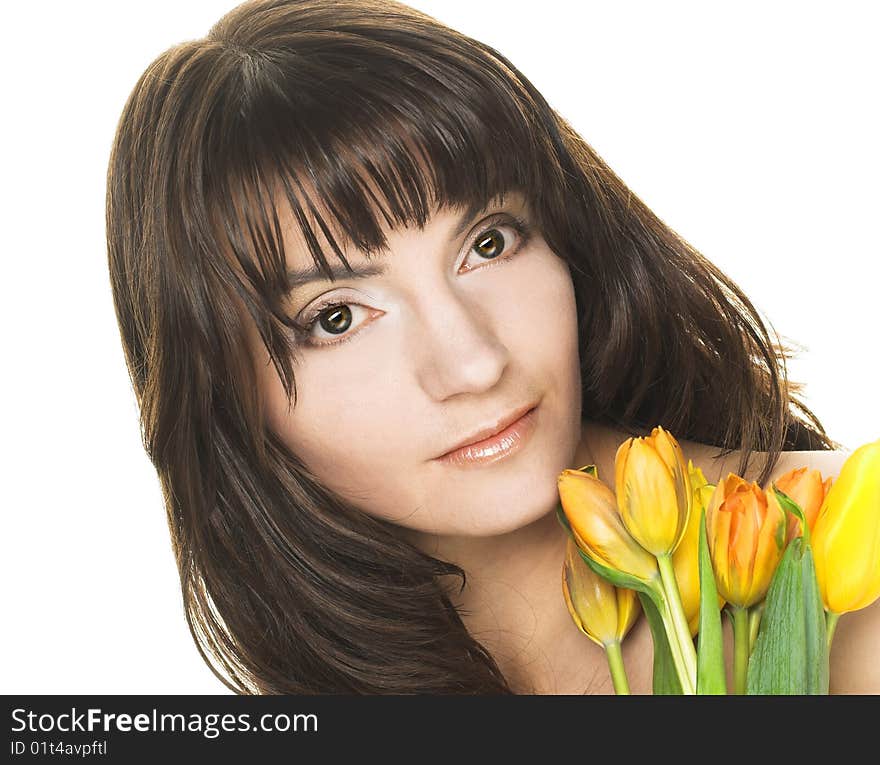 Woman with yellow tulips