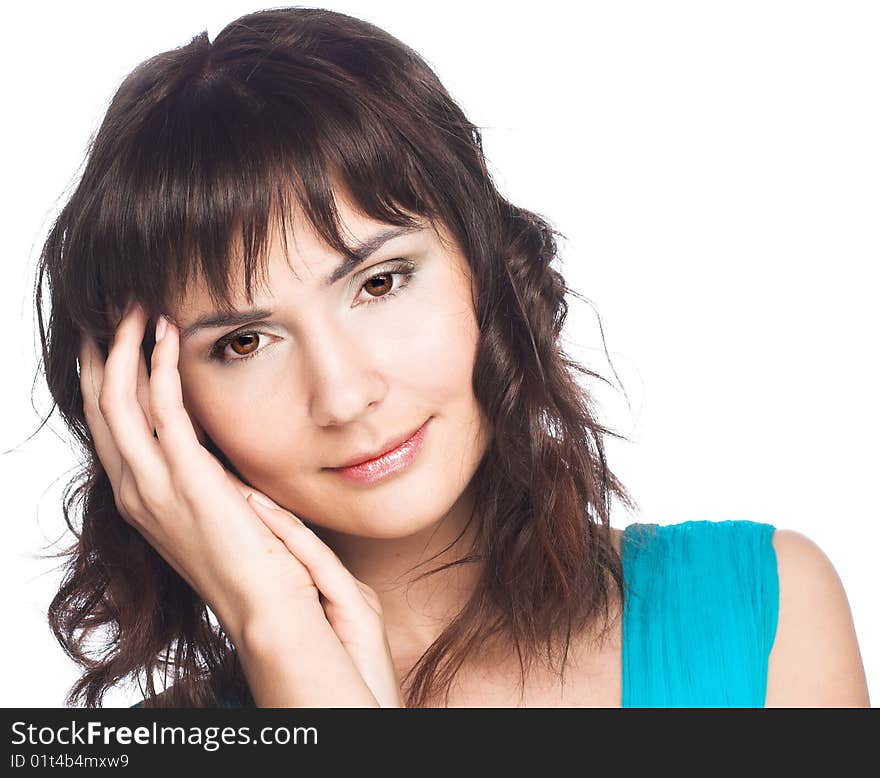 Portrait of young brunette in blue dress. Portrait of young brunette in blue dress