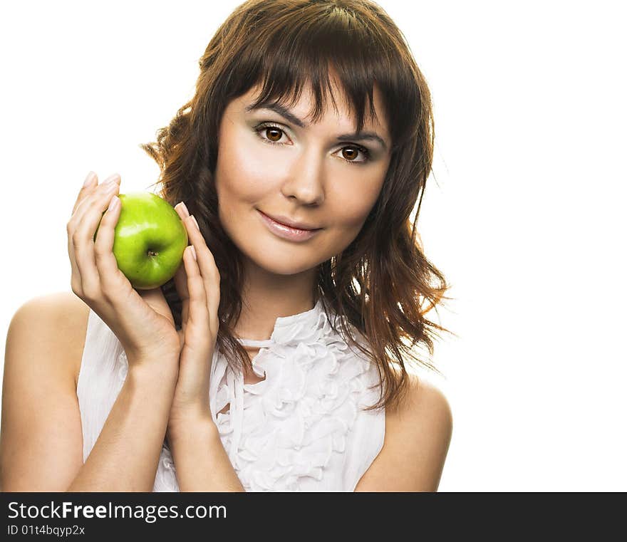 Portrait of young pretty woman with apple