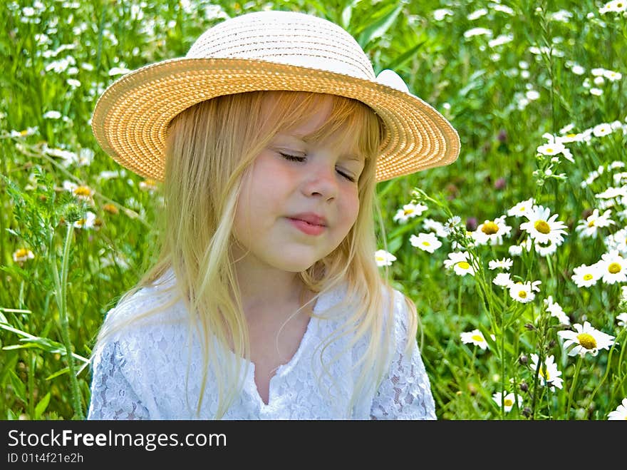 Little girl wearing a summer hat in a field of wild daisies. Little girl wearing a summer hat in a field of wild daisies.