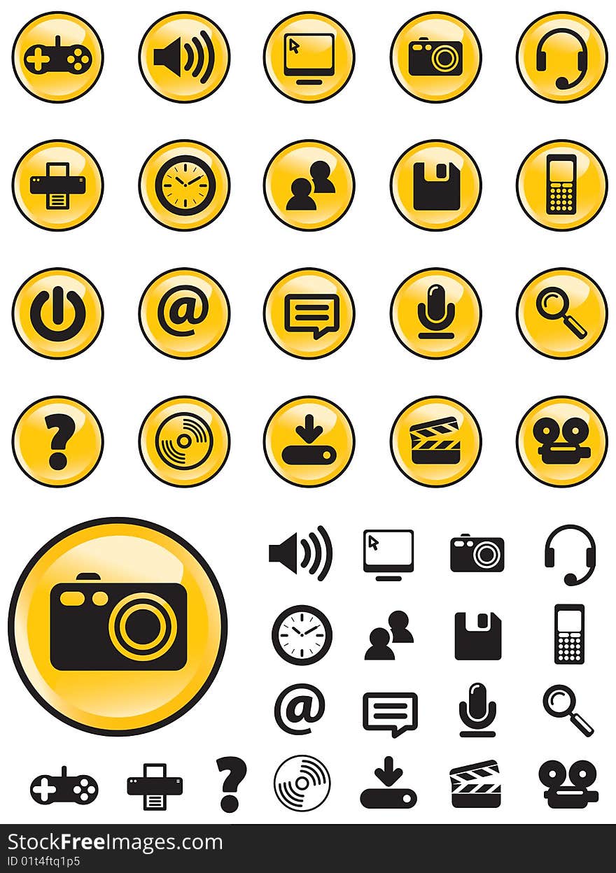 Media Computer icons on yellow buttons with NO TRANSPARENCIES, totally editable shapes. Pictures in both white and black, perfect for navigating a website or mobile platform. Media Computer icons on yellow buttons with NO TRANSPARENCIES, totally editable shapes. Pictures in both white and black, perfect for navigating a website or mobile platform.