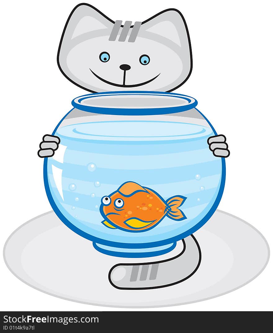 The Grey cat and fish in the aquarium