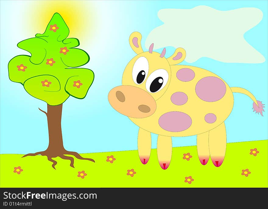 Funny cartoon cow over summer background. Funny cartoon cow over summer background