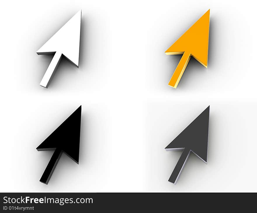 3D rendered cursors in white, black, gold & silver. 3D rendered cursors in white, black, gold & silver