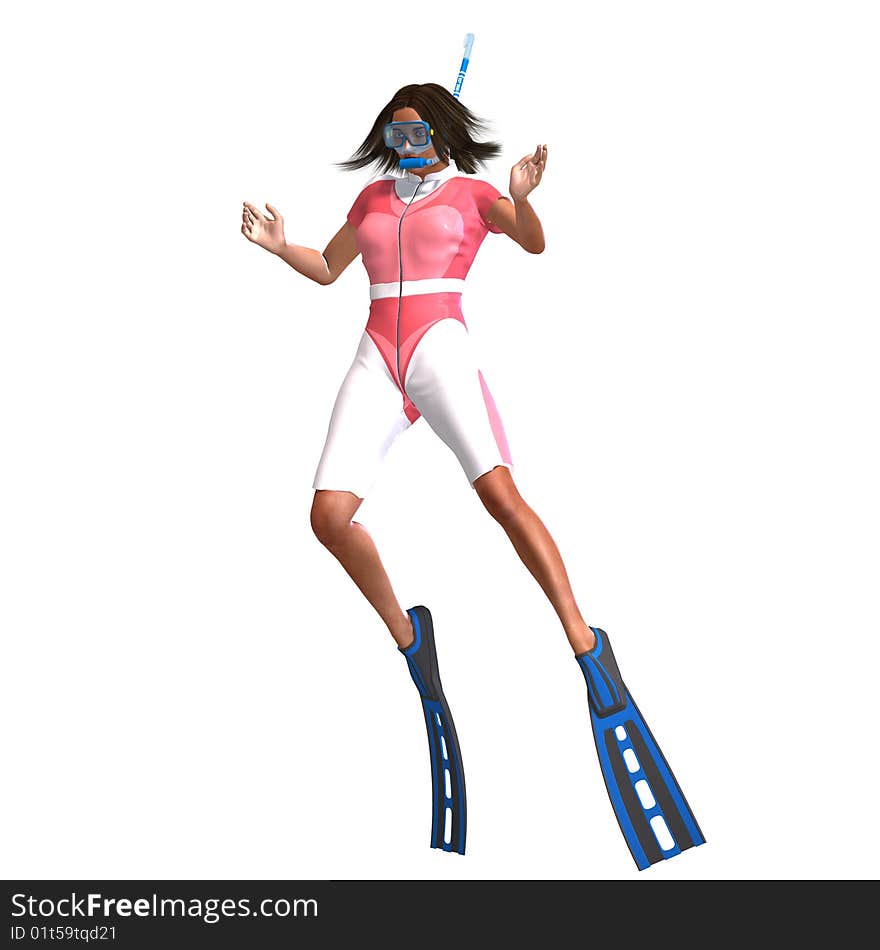 Female diver in colorful diving suit. 3D render with clipping path and shadow over white. Female diver in colorful diving suit. 3D render with clipping path and shadow over white