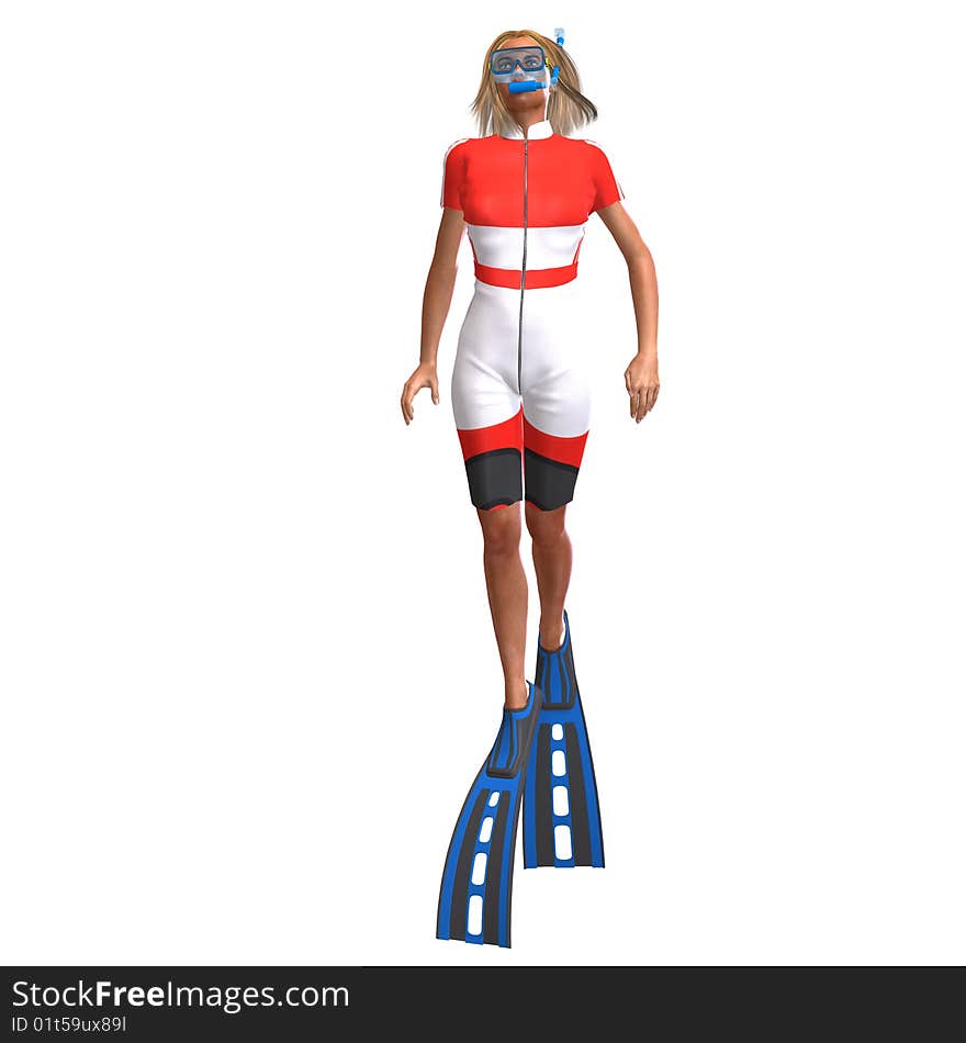 Female diver in colorful diving suit. 3D render with clipping path and shadow over white. Female diver in colorful diving suit. 3D render with clipping path and shadow over white