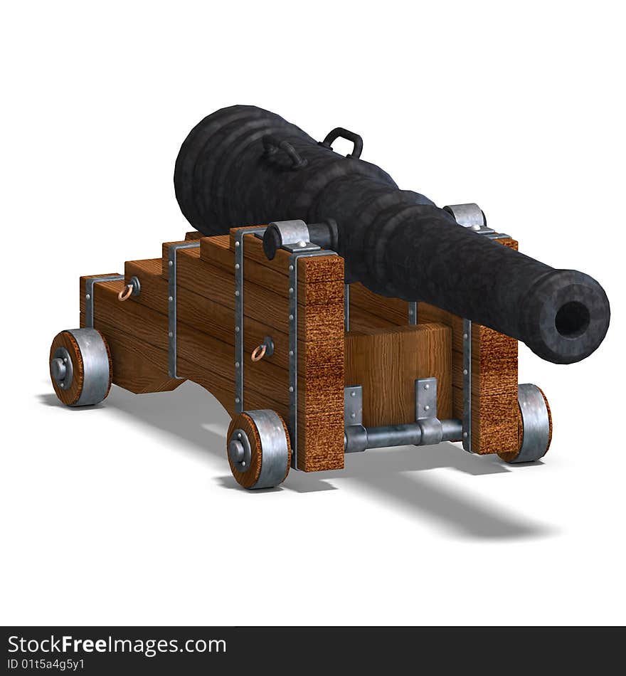 Ship cannon. 3D rendering with clipping path and shadow over white