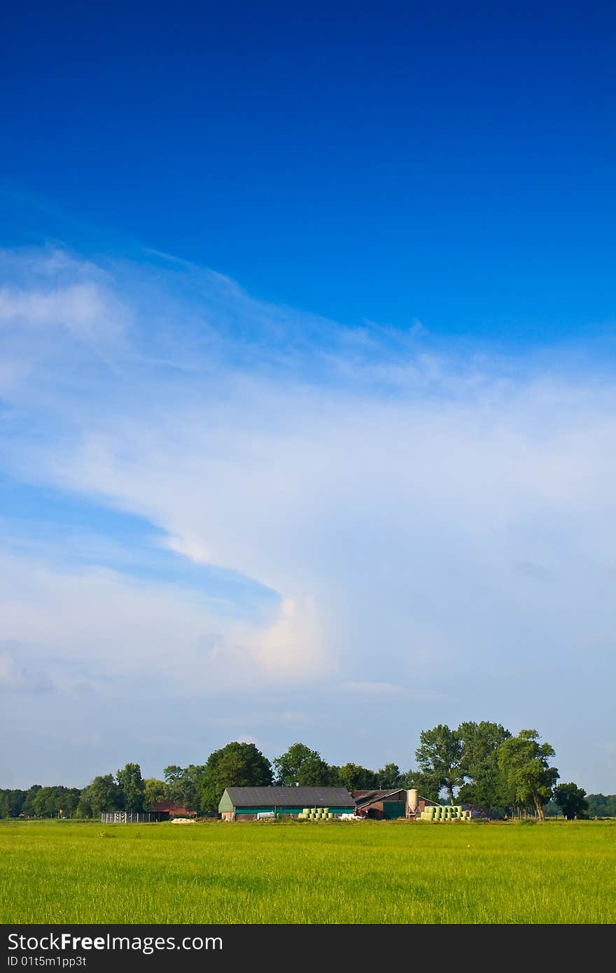 Countryside with farm and a grassland against blue sky