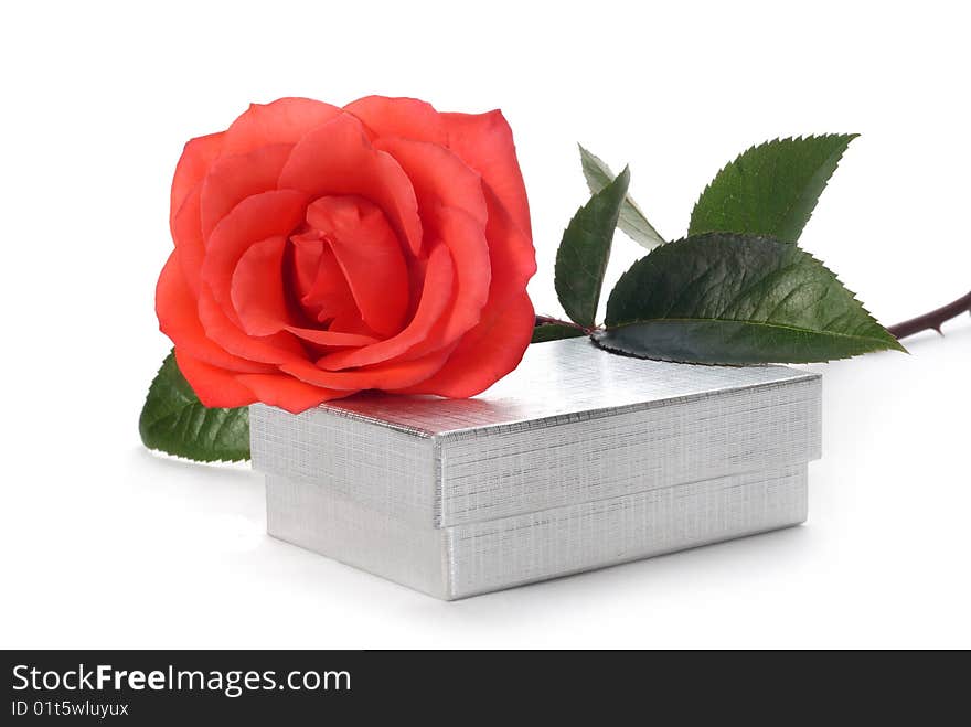 Scarlet rose and silver box on white background. Scarlet rose and silver box on white background