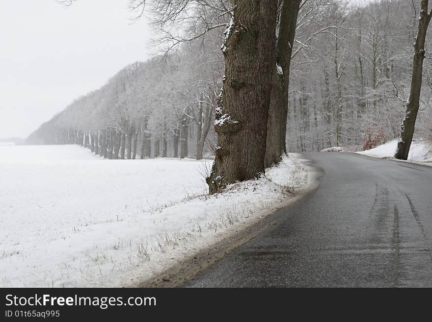 A dreary winterday with sleet and snow