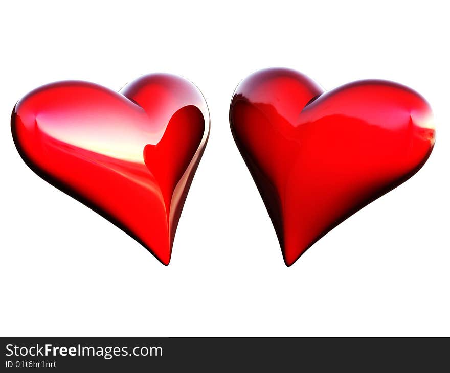 Two red hearts on a white background, are created in 3d editor. Two red hearts on a white background, are created in 3d editor