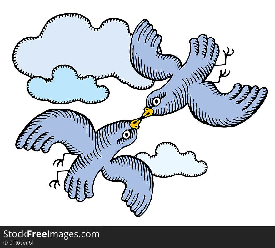 Blue pigeons in love flying around in clouds and kissing gently